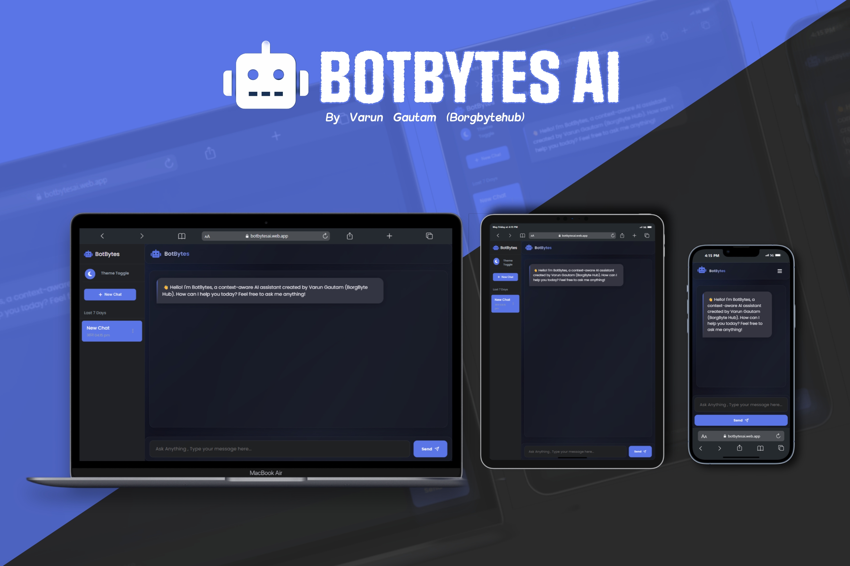 BotBytes AI chat interface shown on laptop, tablet, and phone layouts.